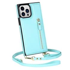 Imagem de Carteira com zíper e cordão para cartões capa de couro para iPhone 14 Pro Max 13 12 Mini 11 X XR XS 7 8 Plus Alça tiracolo, azul celeste, para iPhone 14