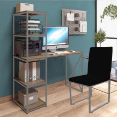 Imagem de Kit Escritório Mesa Max BeX 5 Prateleiras e Cadeira Stan Prata Tampo Imbuia Sintético Prata - Ahz Móveis