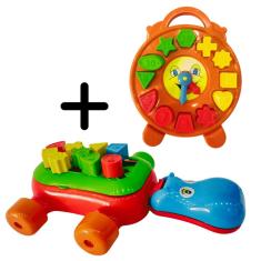 Imagem de Kit 2 Brinquedos Didáticos Educativos Para Bebê - Hipopótamo E Relógio Com Peças De Encaixar