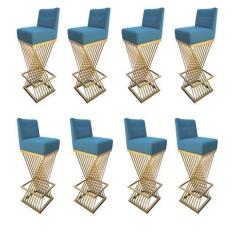 Imagem de Kit 08 Banquetas Luma Base de Ferro Sued Azul Tiffany - D'Classe Decor