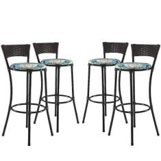 Imagem de Jogo Com 4 Banquetas Altas Forts Fibra Uv Bancada, área Goumert, Bar, Piscina, Balcão, Floral Azul