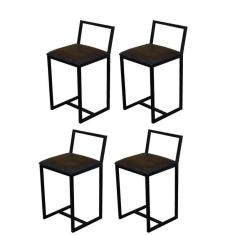 Imagem de Jogo 4 Banqueta Baixa Para Cozinha Preta Industrial Estofado Marrom