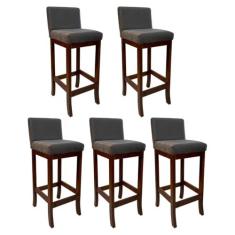 Imagem de Kit 5 Banquetas Média de Madeira para Bancada Castanho Melody Suede Cinza