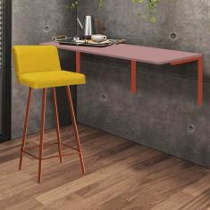 Imagem de Kit Mesa Suspensa de Parede Fixa MDF Rosa + 1 Banqueta Lexi Ferro Bronze Suede Amarelo - Ahazzo Móveis
