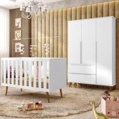 Imagem de Berço Mini Cama e Guarda Roupa Retrô 3 Portas Melinda Branco 100%  MDF