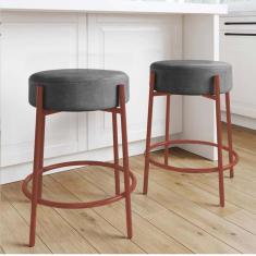 Imagem de Kit 02 Banquetas Alta Sintra 65cm Redonda Ferro Bronze Suede Cinza - Ahazzo Móveis