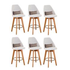 Imagem de Kit 06 Banquetas Alta Maya Giratória Com Encosto Linho Bege Claro e Almofada Sintético Bege - Aurora Line