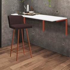 Imagem de Kit Mesa Suspensa de Parede Fixa MDF Branco + 1 Banqueta Lexi Ferro Bronze Sintético Marrom - Ahazzo Móveis