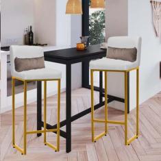 Imagem de Kit 02 Banqueta Alta com Encosto Lucca Industrial Cozinha Balcão Ferro Dourado Sintético Branco e Almofada Bege - Ahazzo Móveis