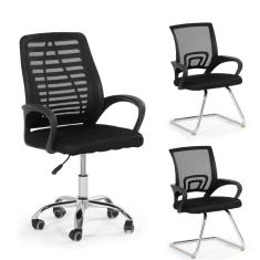 Imagem de Kit Cadeiras De Escritório 1 Base Giratória + 2 Base Fixa - Preto