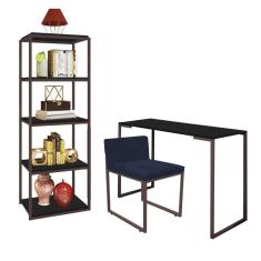 Imagem de Kit Escritório Ravi 1 Cadeira Suede Azul Marinho com 1 Mesa e 1 Livreiro Ferro Marrom MDF Preto - Ahazzo Móveis