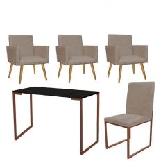 Imagem de Kit Escritório Stan 3 Poltronas com Cadeira e Mesa Industrial Tampo Preto Bronze Suede Bege - Ahz Móveis