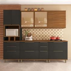 Imagem de Cozinha Completa Munique 10 Portas 6 Gavetas com Vidro Freijo/Cinza - Indekes