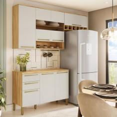 Imagem de Cozinha Modulada Compacta 3 Peças 7 Portas 2 Gavetas com Tampo e Vidro Reflecta 100% Mdf Itália Espr Amêndoa/Off White