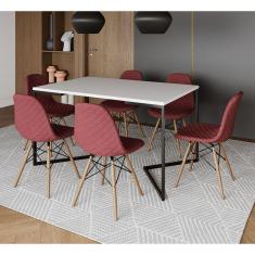 Imagem de Mesa Industrial Retangular Base V Aço Preto 137x90cm Branca 6 Cadeiras Madeira Estofadas Vermelho
