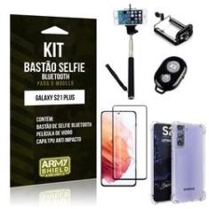 Imagem de Kit Bastão de Selfie Bluetooth Galaxy S21 Plus +Capinha Anti Impacto +Película Vidro 3D - Armyshield