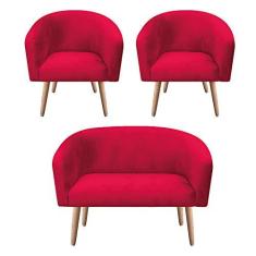 Imagem de Kit 02 Poltronas e 01 Namoradeira Stella 02 Lugares Suede  Pés Palito Natural - D'Rossi