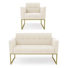 Imagem de Kit 1 Sofá Namoradeira e 1 Poltrona Elisa Veludo Base Metálica Industrial Dourado - D'Rossi