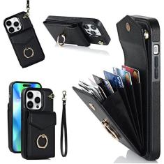 Imagem de Khlonuira Capa carteira para iPhone 14 Pro Max com suporte para cartão para mulheres, capa de couro com rotação de 360°, anel de dedo, suporte, bloqueio RFID, capa protetora com alça de pulso de 16,7