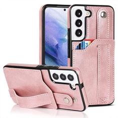 Imagem de LCSMFKJ Capa carteira para celular Samsung Galaxy S22 Plus com alça de pulso ajustável, suporte de couro PU, slot para cartão de crédito, à prova de choque, híbrida, resistente, capa protetora para
