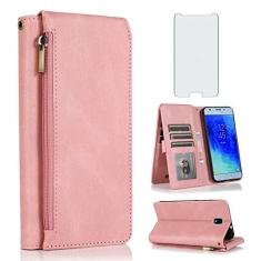 Imagem de Compatível com Samsung Galaxy J3 Orbit J 3 Star 2018 3J Achieve Capa carteira protetora de tela de vidro temperado com zíper couro flip capa porta-cartões para J3V V 3ª geração SM J337A J337V J337