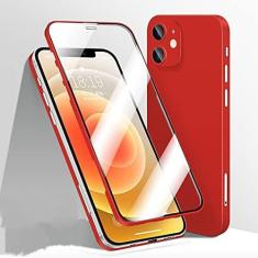 Imagem de Capa de telefone com capa completa 360 para iPhone 12 11 Pro Max 12 Mini X XR XS Max Frente de vidro temperado traseira Capa dura à prova de choque fosca, vermelha, para iPhone 13Pro Max