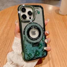 Imagem de Capa de suporte luxuosa flor glitter diamante para iPhone 14 11 12 15 13 Pro Max 14 15Plus capa à prova de choque, verde, para iPhone 14 ProMax