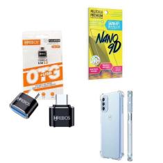 Imagem de Kit Adaptador USB para Tipo C + Capinha Motorola G52 + Película 9D - H