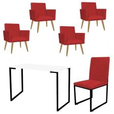 Imagem de Kit Escritório Stan 4 Poltronas com Cadeira e Mesa Industrial Tampo Branco Preto Tecido Sintético Vermelho - Ahz Móveis