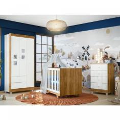 Imagem de Quarto de Bebê 100% MDF Berço Minicama com Colchão, Cômoda e Guarda Roupa 3 Portas Life Branco/Ypê