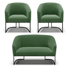 Imagem de Sofá Namoradeira e 2 Poltronas Base Industrial Preto Stella Suede Verde D03 - D'Rossi