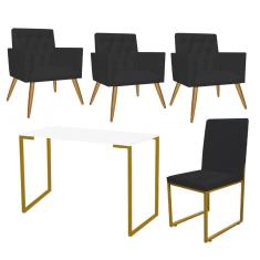 Imagem de Kit Escritório Stan 3 Poltronas Capitonê com Cadeira e Mesa Industrial Branco Dourado Suede Preto - Ahz Móveis