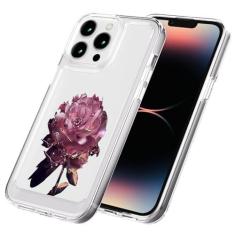 Imagem de AKABEILA Capa para iPhone 15 Plus transparente com design TPU bumper floral flor PC capa de telefone traseira botão galvanizado mulheres menina 6,7 polegadas