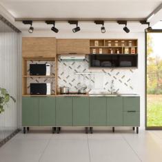 Imagem de Cozinha Modulada Toscana 5 Peças em Mdf com Aéreo 1200 Porta de Vidro Basculante e Torre Quente 2 Fo Freijó/jade