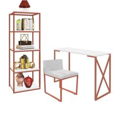 Imagem de Kit Escritório Bex 1 Cadeira Suede Branco com 1 Mesa e 1 Livreiro Ferro Bronze MDF Branco - Ahazzo Móveis