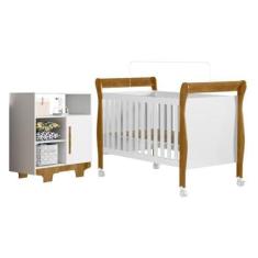 Imagem de Quarto de Bebê com Berço Mini Cama 100% Mdf Slim e Cômoda 100% Mdf 1 Porta 3 Prateleiras Flocos Branco/madeirado Ypê