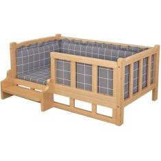 Imagem de Cama elevada cinza para cães com escadas, estrutura de madeira para filhotes de cachorro/médio/grande, sofá para animais de estimação e colchão macio lavável, canil interno e externo para cã