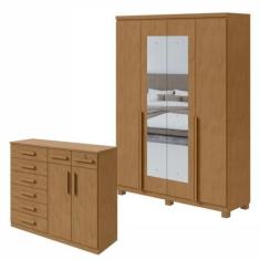 Imagem de Conjunto de Guarda-roupa Alonzo com espelho e pés e Cômoda Toronto Amêndoa Clean