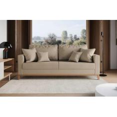 Imagem de Sofá 3 Lugares Beny Base De Madeira Linho Cotton Bege - Luxury