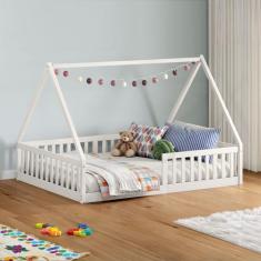 Imagem de Cama Casal Infantil Montessori Branco Madeira Casa Com Estrado Ravi -