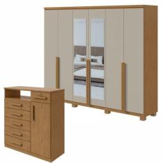 Imagem de Conjunto Guarda-Roupa Alonzo com espelho e pés e Cômoda Da Vinci com Nicho Amêndoa Clean/Off White