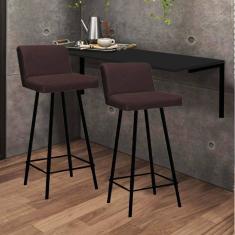 Imagem de Kit Mesa Suspensa de Parede Fixa MDF Preto + 2 Banquetas Lexi Ferro Preto Corino Marrom - Ahazzo Móveis