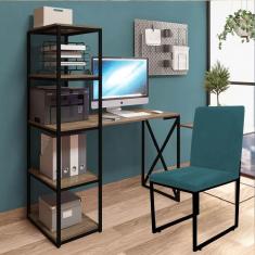 Imagem de Kit Escritório Mesa Max BeX 5 Prateleiras e Cadeira Stan Preto Tampo Madeira Suede Azul Turquesa - Ahz Móveis