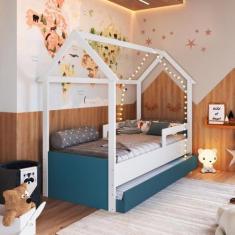 Imagem de Cama Infantil Montessoriana com Cama Auxiliar Branco e Azul