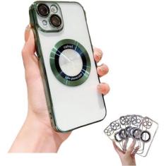 Imagem de Capa de celular anti-queda galvanizada, capa transparente oca magnética de luxo para 15 14 13 12 11 Pro Max Plus capa de borda fashion galvanizada /1016 (Color : Green, Size : For iPhone 12 Pro)