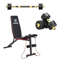Imagem de Banqueta E Kit Halteres Barra Kettlebell Dumbell Pesos - Ahead Sports
