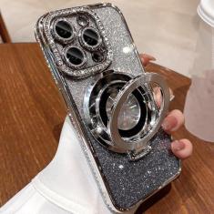 Imagem de Capa luxuosa com joias de carregamento sem fio para iPhone 11 12 13 14 15 Pro Max Plus Glitter suporte de anel magnético capa protetora, prata, para iPhone 15Pro Max