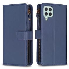 Imagem de Capa com alça de pulso para Samsung Galaxy A22 4G, 9 compartimentos para cartão, 1 carteira de couro com zíper, fecho magnético com suporte, capa para celular compatível com Samsung A22 4G 6,4