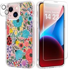 Imagem de bicol Capa para iPhone 13 com protetor de tela e protetor de lente de câmera - Designs florais de flores elegantes para mulheres e meninas - Capa de telefone transparente de acrílico à prova de choque