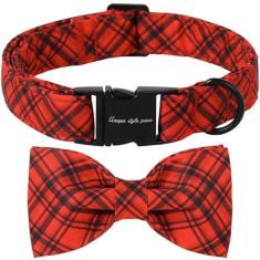 Imagem de Coleira vermelha de Natal com laço, gravatas borboleta Unique style paws para cães com padrão xadrez vermelho, coleira ajustável para animais de estimação com fivela de metal brilhante, adequada para